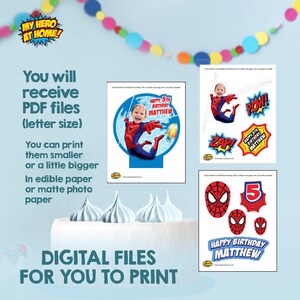 Pu&ograve; includere: File digitali stampabili per una festa di compleanno a tema Spider-Man. Include immagini con il testo "Happy 5th Birthday Matthew", "Pow!" e "Zap!". I file sono progettati per essere stampati su carta commestibile o fotografica opaca.