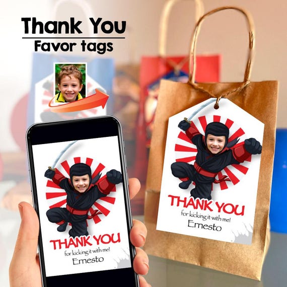 Ninja Thank You Card and Favor Tags Featuring Birthday Kid as the