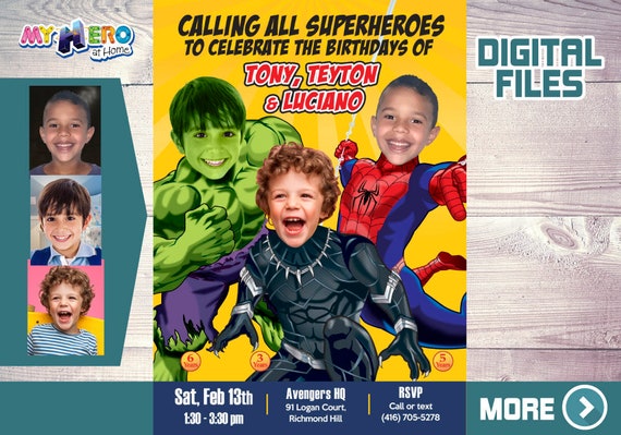 3 Siblings Birthday Invitation, Superheroes Triplets Party, Triplets Avengers Birthday, Hulk, Black Panther and Spider-Man Party. 523B Il_570xn