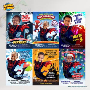 May include: A collection of six personalized birthday invitation templates featuring a child in a superhero costume. Each design includes themed graphics like cityscapes, spider webs, pool party elements, Halloween motifs, and holiday lights with custom text.