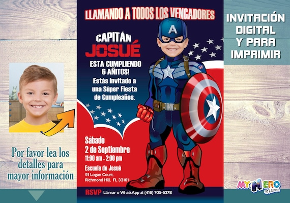 Capitán América Invitación de Cumpleaños. Invitación Fiesta de Capitán América. Invitación Cumple Vengadores. Capitan America Decor. 074SP Il_570xn