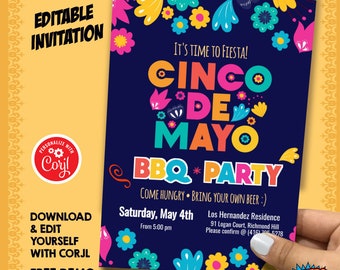 DIY Cinco de Mayo Barbecue Party invitation, 5 de mayo BBQ party template, Cinco de Mayo theme party, Barbecue Party Mexican themed. 1269