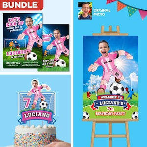 Personalized bundle for a Futbol themed birthday Party, Custom Futbol cake topper, welcome sign, Invitation, thank you and favor tag 2362B2