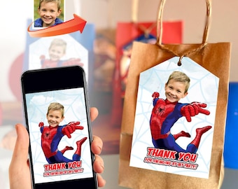 Spiderman Party Thank You with photo, Spiderman Favor Tags, Spiderman party favors, Spiderman giveaway, Spiderman goodie bags labels. 978TY