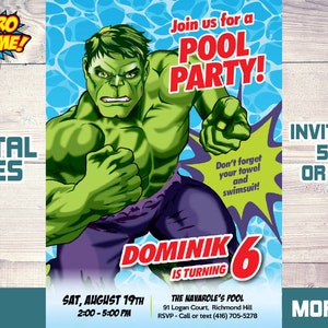 Hulk Pool Party Invitation, Hulk Splash party Invitation, Hulk pool party themed, Hulk thank you, Hulk template, Hulk water slide party. 717