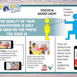 K&ouml;nnte beinhalten: Informative Grafik mit Text zum Fotografieren f&uuml;r Einladungen. Sie enth&auml;lt Illustrationen einer Person, die mit einem Telefon ein Foto macht, sowie Beispiele f&uuml;r gute und schlechte Fotos. Der Text lautet: &bdquo;Die Qualit&auml;t Ihrer Einladungen ist nur so gut wie das Foto, das Sie senden."