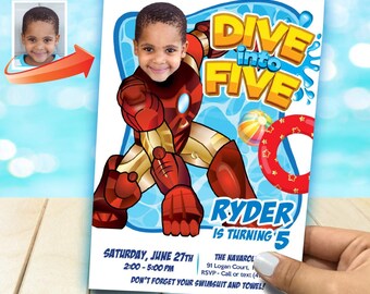 Personalized Ironman Pool Party Dive into Age Invitation with photo (Digital). 708BIN