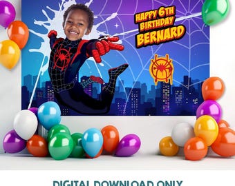 Banner de Miles Morales con foto, fondo de cumpleaños personalizado de Spider-Verse. 399BB