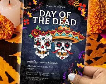 May include: A rectangular Day of the Dead party invitation featuring two sugar skulls, one with a flower crown and one with a sombrero, against a dark background with floral accents and text including date, time, location, and RSVP details.