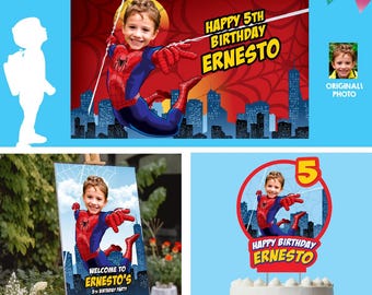 Personalized Spiderman Party decoration Bundle with birthday kid as the star: Spider photo Backdrop. 101B4