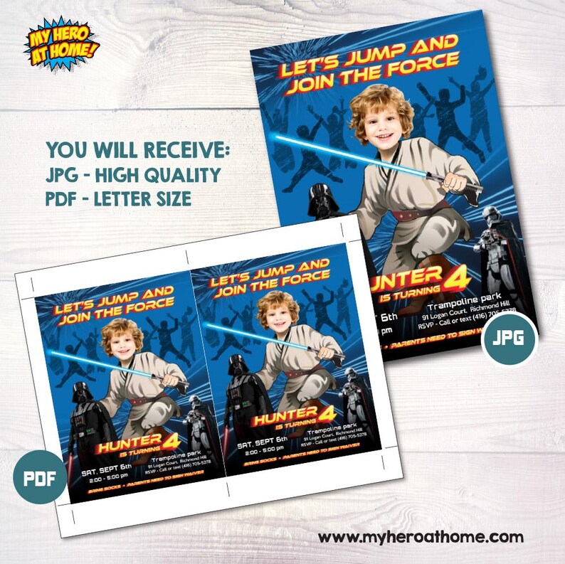 K&ouml;nnte beinhalten: Eine blaue Einladung mit dem Text "LET'S JUMP AND JOIN THE FORCE" und einem Kind mit einem Lichtschwert. Die Einladung ist f&uuml;r Hunters 4. Geburtstag in einem Trampolinpark. Enth&auml;lt JPG- und PDF-Formate.