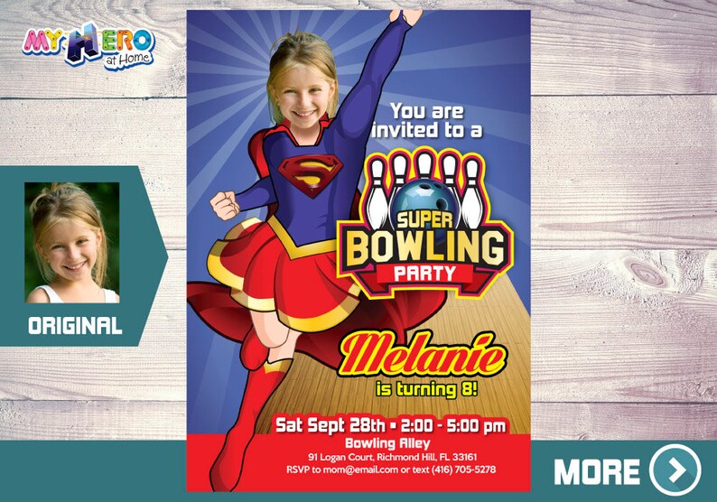 Bowling Party Super Girl Invitation Bowling Supergirl Themed Etsy
