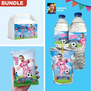 Bundle matching snacks labels for a Soccer birthday themed personalized with team and photo, water, Chip bags, Juice pouch, boxes. 2362B3