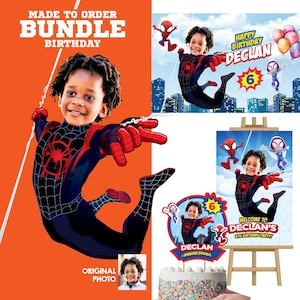 May include: A custom birthday bundle featuring a child in a Spider-Man costume. The bundle includes a large poster, cake topper, and a smaller poster on an easel. Text includes "Happy Birthday Declan" and "Welcome to Declan's 6th Birthday Party!"