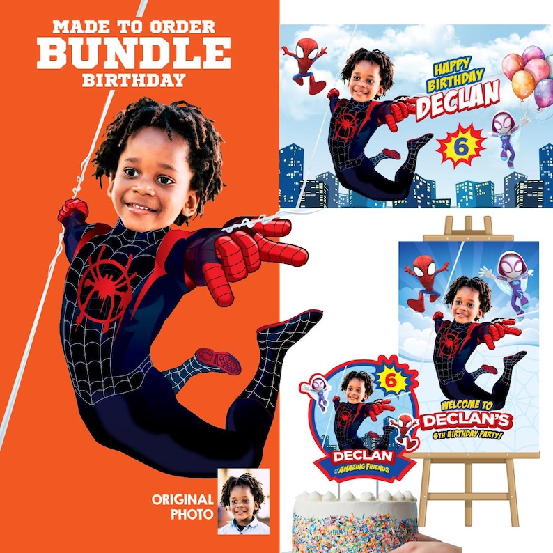 May include: A custom birthday bundle featuring a child in a Spider-Man costume. The bundle includes a large poster, cake topper, and a smaller poster on an easel. Text includes "Happy Birthday Declan" and "Welcome to Declan's 6th Birthday Party!"