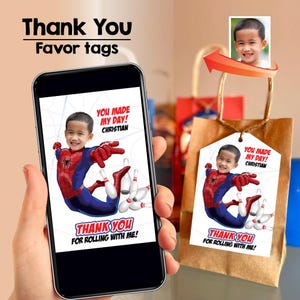 May include: Thank you favor tags with a Spiderman theme. The tags feature a child dressed as Spiderman with bowling pins. The text on the tags reads "You made my day! Christian" and "Thank you for rolling with me!"