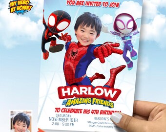 Spidey and his amazing friends birthday party Invitation with photo, Spidey Invitation, Spidey birthday party, Spidey digital Invite. 2048