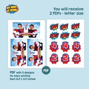 May include: Digital printable featuring a superhero theme. Includes images of children dressed as superheroes, along with action words like "ZAP" and "POW". Also includes numbers 2 and 4. Each design is 6.2 x 3.5 inches.