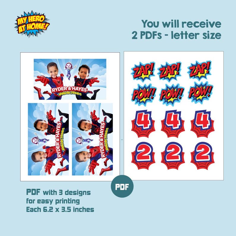 May include: Digital printable featuring a superhero theme. Includes images of children dressed as superheroes, along with action words like "ZAP" and "POW". Also includes numbers 2 and 4. Each design is 6.2 x 3.5 inches.