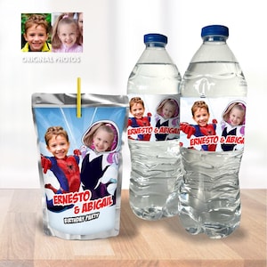 Spiderman and Gwen Stacy water wrappers, Joint Spiderman water labels, Spider-man siblings labels, Joint Spiderman Capri sun labels. 2275WJ