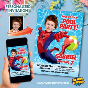 Spider-man Pool Party Invitation template, Spider-man Invitation with photo, Pool Party Spider-man template, Spider-man Pool Party theme 678