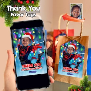 Carte de remerciement Miles Morales, étiquettes de faveur de Noël Miles Morales, cadeaux de Noël Miles Morales, fête de Noël Spiderverse. 2173TY