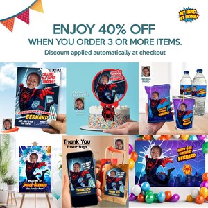 May include: A set of printable party supplies featuring a superhero theme with a child's photo. The set includes a cake topper, invitation, favor tags, water bottle labels, snack bag, and a party backdrop. The design features a red and black superhero costume with a spider logo. The text on the invitation reads "Calling all super heroes!" and "Celebrating the 6th birthday of Bernard". The text on the cake topper reads "Happy 6th Birthday Bernard". The text on the favor tags reads "You made my day! Thank you for coming!"