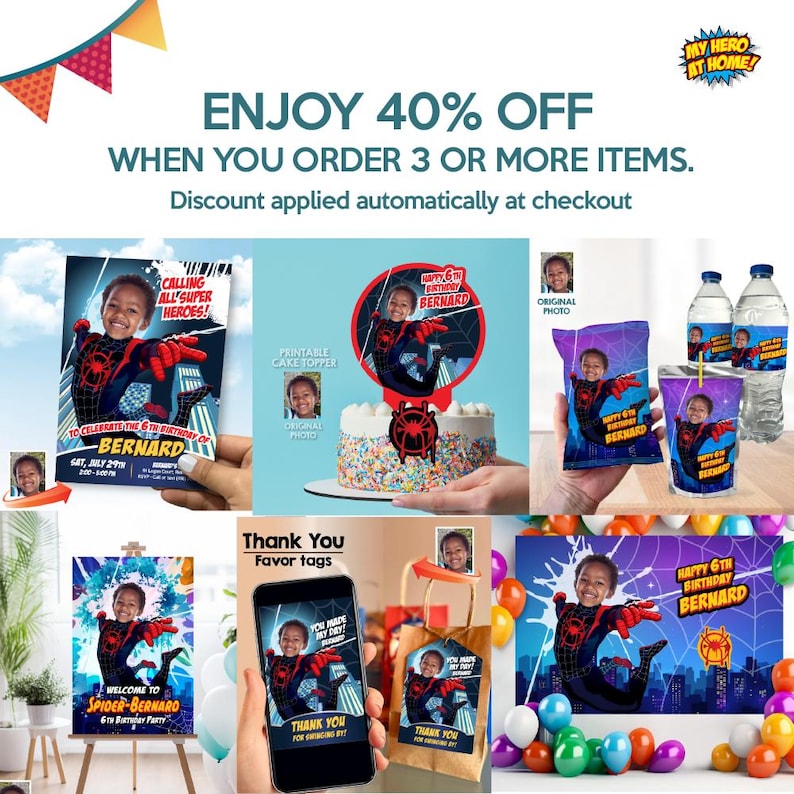 May include: A set of printable party supplies featuring a superhero theme with a child's photo. The set includes a cake topper, invitation, favor tags, water bottle labels, snack bag, and a party backdrop. The design features a red and black superhero costume with a spider logo. The text on the invitation reads "Calling all super heroes!" and "Celebrating the 6th birthday of Bernard". The text on the cake topper reads "Happy 6th Birthday Bernard". The text on the favor tags reads "You made my day! Thank you for coming!"
