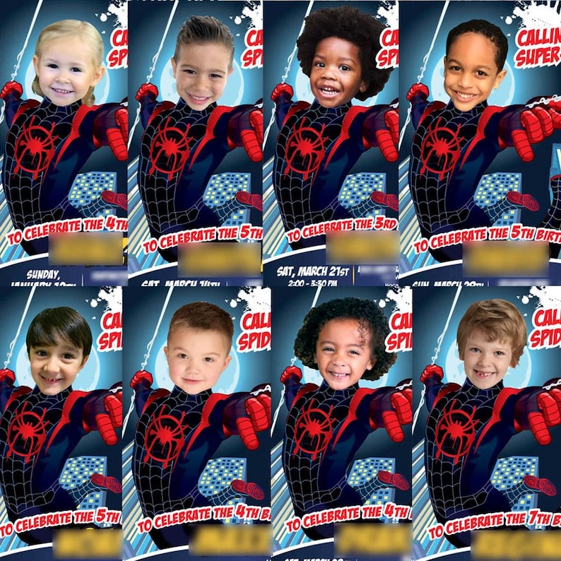 May include: A collage of eight birthday party invitations featuring children's faces superimposed on a Spider-Man costume. Each invitation includes the text "CALLING SUPER" and "TO CELEBRATE THE... BIRTHDAY". The background is blue with a web design.