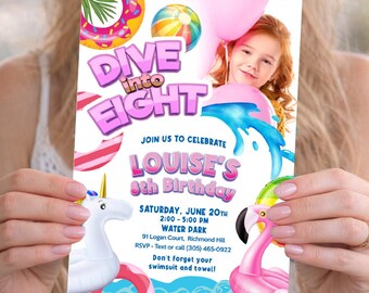 Girl 8th Birthday Pool Party Invitation With Photo, Pink Dive into Eight template. 2449IN8