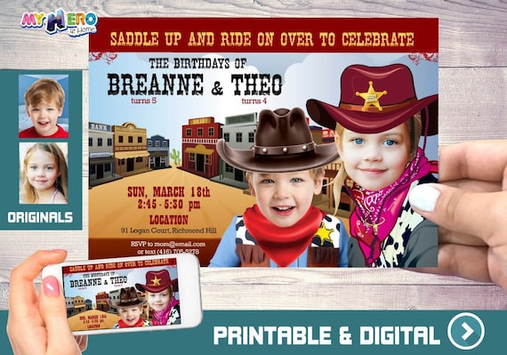 Joint Cowboys Birthday Invitation, Siblings Cowboys Invitation, Cowboys Party Ideas for siblings, Cowboys Digital, Cowboys Virtual. 205 Il_570xn