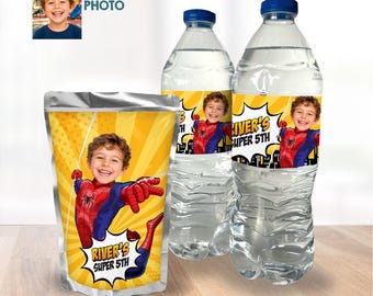 Personalized Spider-Man Water Wrappers And Juices Pouches Labels with Child as the Star. 2492WJ3