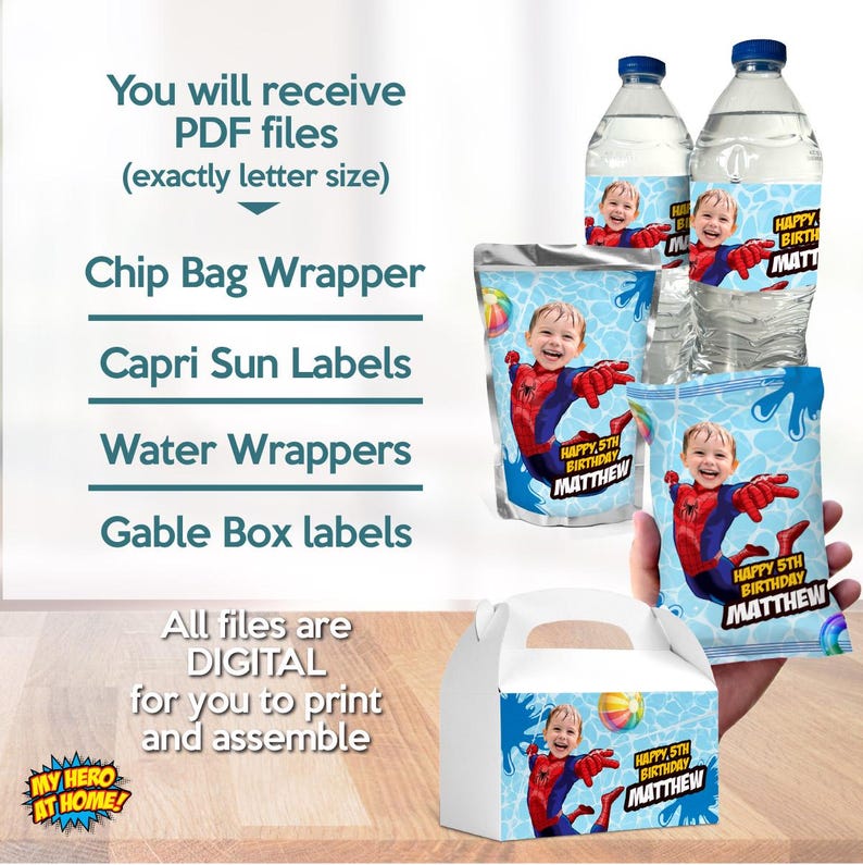 K&ouml;nnte beinhalten: Digitale, druckbare Partyartikel mit einem Kind als Superheld. Enth&auml;lt Chip-Bag-Verpackungen, Capri-Sun-Etiketten, Wasserflaschen-Verpackungen und Gable-Box-Etiketten. Der Text lautet "Happy 5th Birthday Matthew".