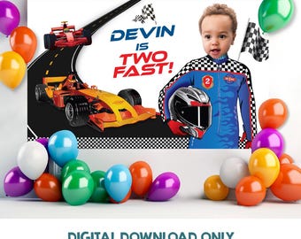 Twee snelle 2e verjaardag achtergrond met jouw foto, custom racewagenbanner. 2378BB