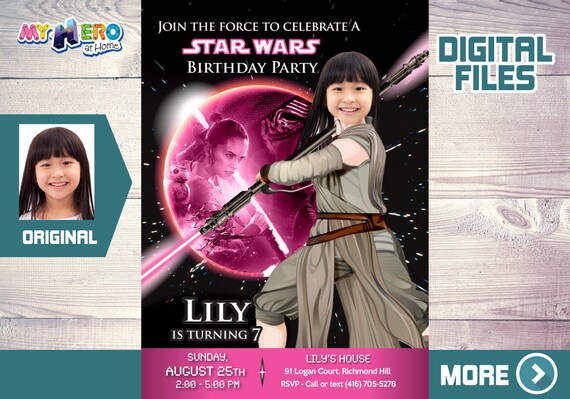 Jedi Rey Pink and Black Party Invitation, Jedi Rey Bday Invitation, Jedi Rey pink black Party, Star Wars Pink and Black Invitation. 010 Il_570xn