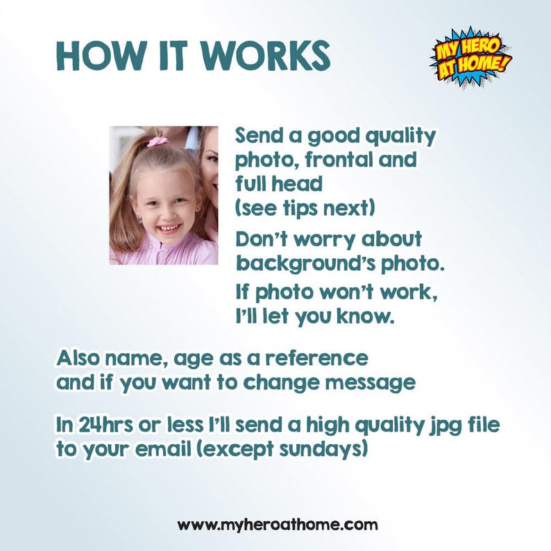 May include: A graphic with the text "HOW IT WORKS" and instructions for submitting a photo. It includes a photo of a smiling child and the logo "MY HERO AT HOME!". The text explains the process of sending a photo for a custom product.