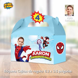 Etiquetas personalizadas para cajitas de Spidey, Cajitas de regalo tema Spidey, Spidey Gable Box etiquetas, Spidey Box party favor. 2282GB