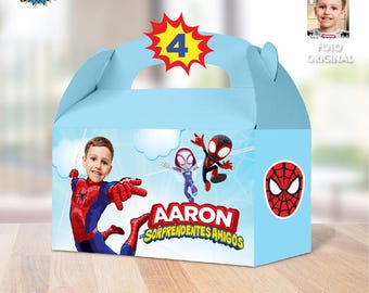 Etiquetas personalizadas para cajitas de Spidey, Cajitas de regalo tema Spidey, etiquetas Spidey Gable Box, recuerdo de fiesta Spidey Box. 2282GB