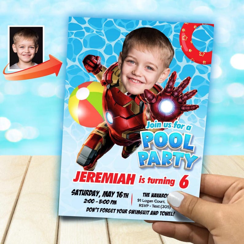 May include: A personalized pool party invitation featuring a child's face superimposed on an Iron Man-themed graphic. The invitation includes the text "Join us for a Pool Party," the name "Jeremiah," and the date and time of the event.