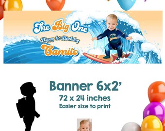The Big One Birthday-banner met je baby surfend op de golven (6 x 2', liggend). 2357BBH