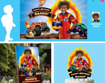 Personalisierte Monstertruck Geburtstagsparty Dekor Bundle mit Geburtstagskind als Fahrer. 2000B4