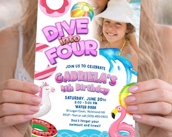 Custom Girl 4th Pool Party Invitation With Child as the star (Digital, Printable). 2449IN4
