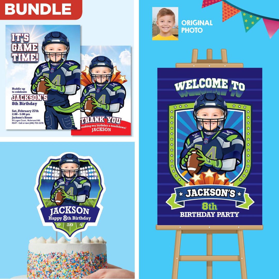 Football Birthday Matching Items Bundle With Kid as Player Wearing Blue