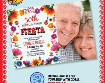 Editable Mexican Anniversary invitation with photo, Mexican Anniversary template invitation, DIY Anniversary Fiesta Invitation. 1277