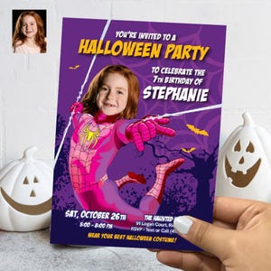 Spidergirl Halloween birthday Invitation, Halloween Spider-girl party template, Spidergirl Halloween digital invite, Spooky Spidergirl. 758