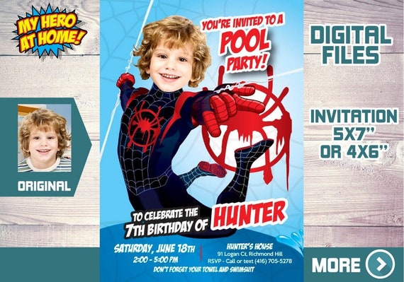 Miles Morales pool party birthday, Miles Morales invitation, Miles Morales water party, Miles Morales water slide. 580 Il_570xn