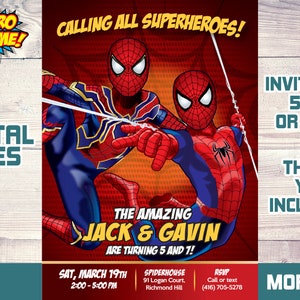 Joint Spider-Man verjaardagsuitnodiging, uitnodiging Spider-Man broers en zussen, themafeest Spider-Man Twins, gezamenlijke Spider-Man bedankt. 565