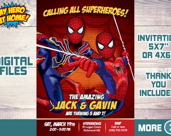 Joint Spider-Man Birthday Invitation, Spider-Man Siblings Party Invitation,  Spider-Man Twins theme party, Joint Spider-Man Thank you. 565