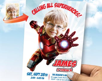 Iron Man Birthday party Invitation with photo, Ironman Party flyer, Iron Man online Invitation, Ironman template invitation. 1000