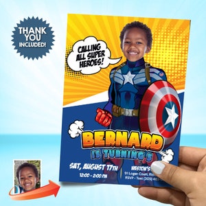 Captain America Birthday party Invitation with photo, Captain America party template, Captain America Digital, Capt America Thank You. 804C